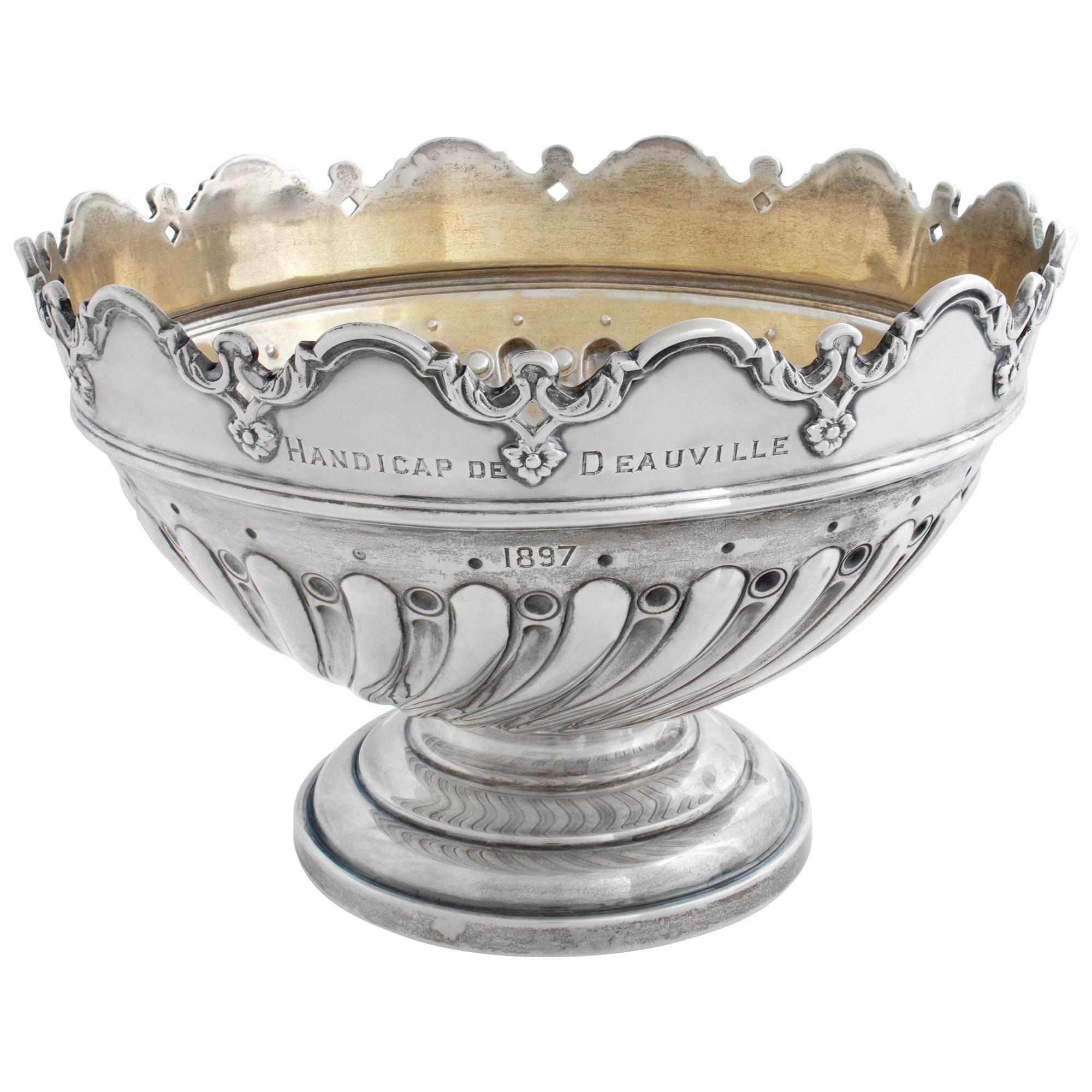 English London Sterling Silver Trophy, 1897. hand engraved "HANDICAP DE DEAUVILLE - 1897", over 12.37 ounce troy of .925 sertling silver