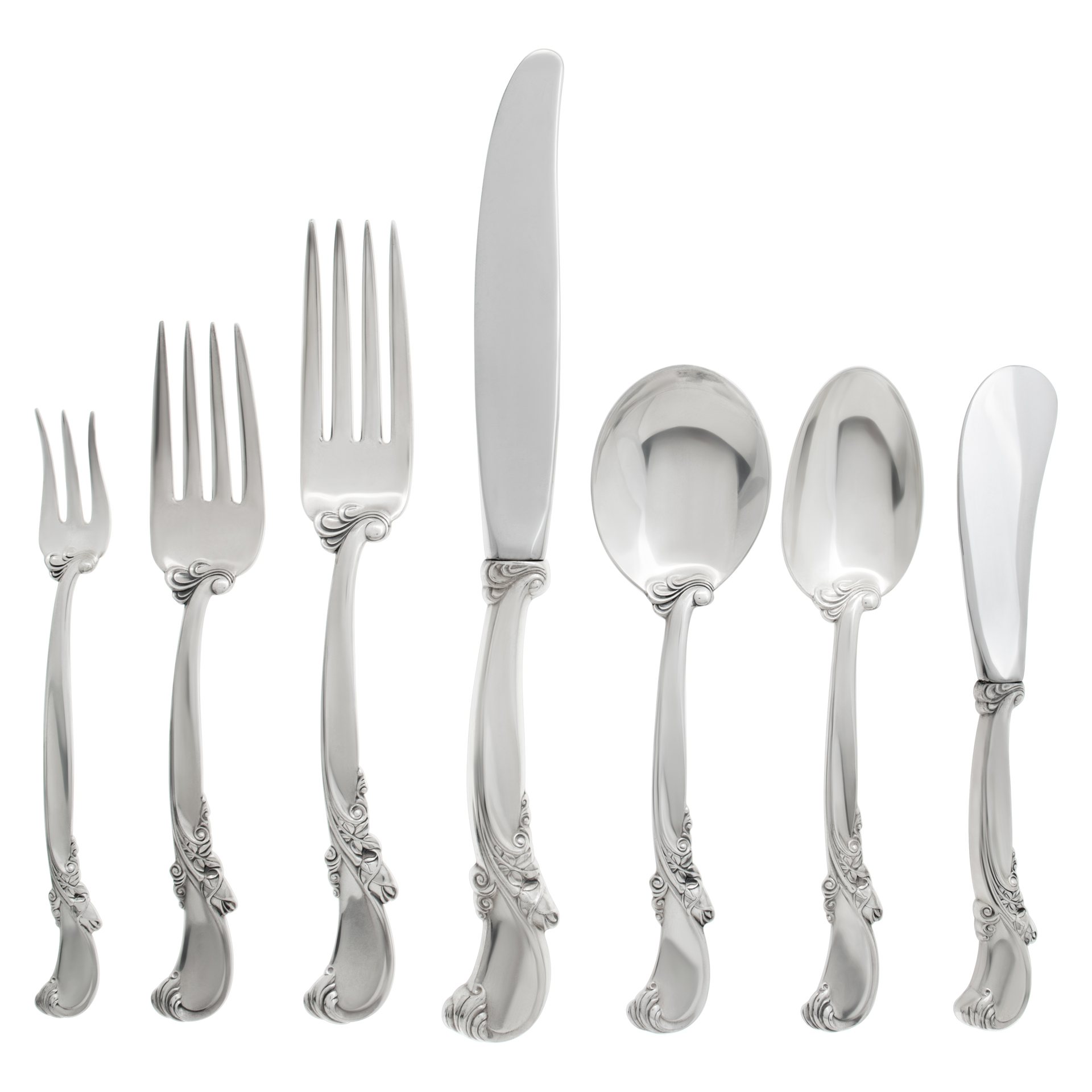 WALTZ OF SPRING, 74 pieces, sterling silver flatware set, patented by Wallace in 1952. 6 place setting for 12 + 2 serving pieces.