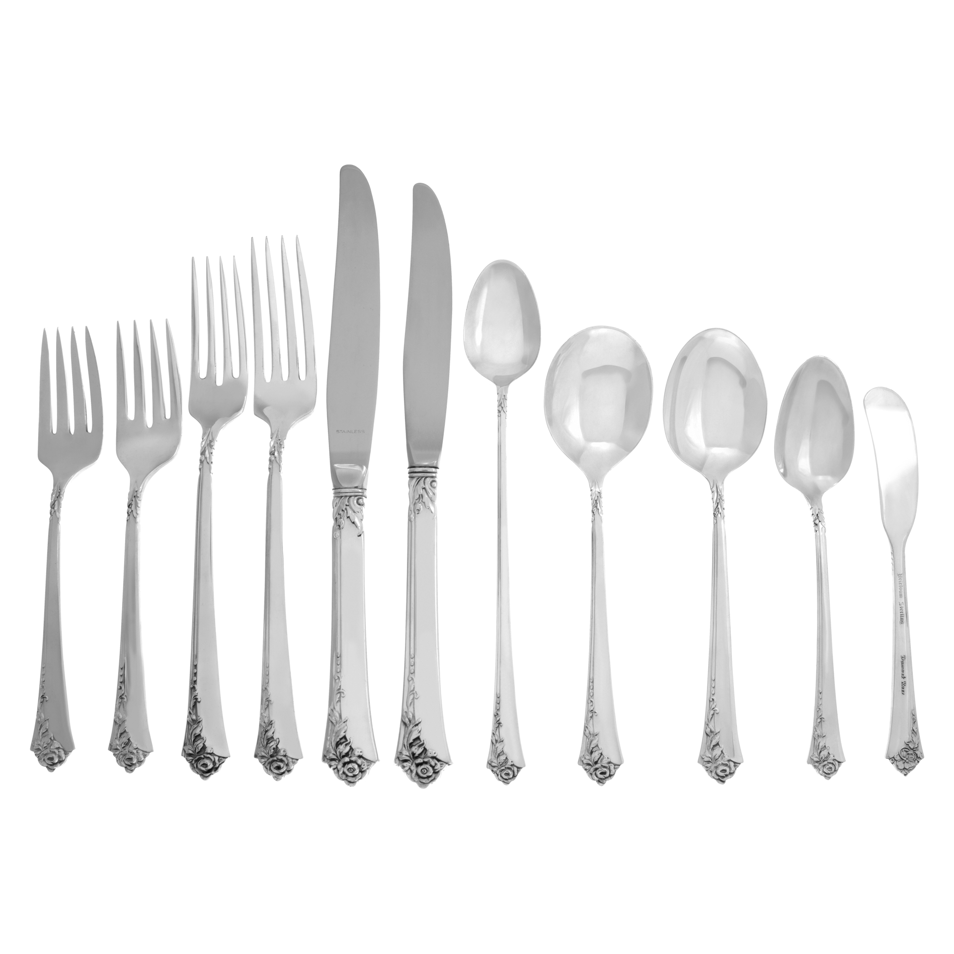 DAMASK ROSE Sterling Silver flatware set, 6 place set for 12 (lots of xtra pieces), patented in 1946 by Heirloom. 158 pieces, dinner & lunch set witrh 12 serving pieces