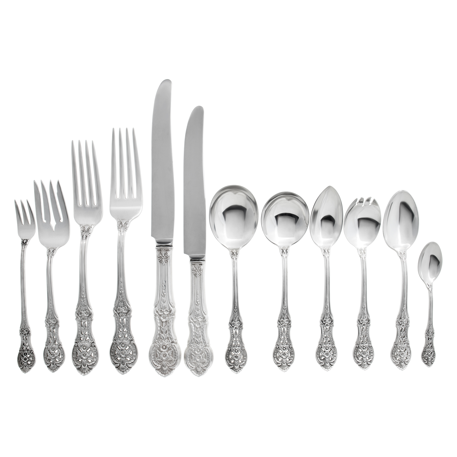 PRIMROSE, Sterling silver flatware set by International, patented in 1936. Lunch & dinner with 12 serving pieces. 165 total pieces .approx. 153 troy ounces of .925 sterling silver.