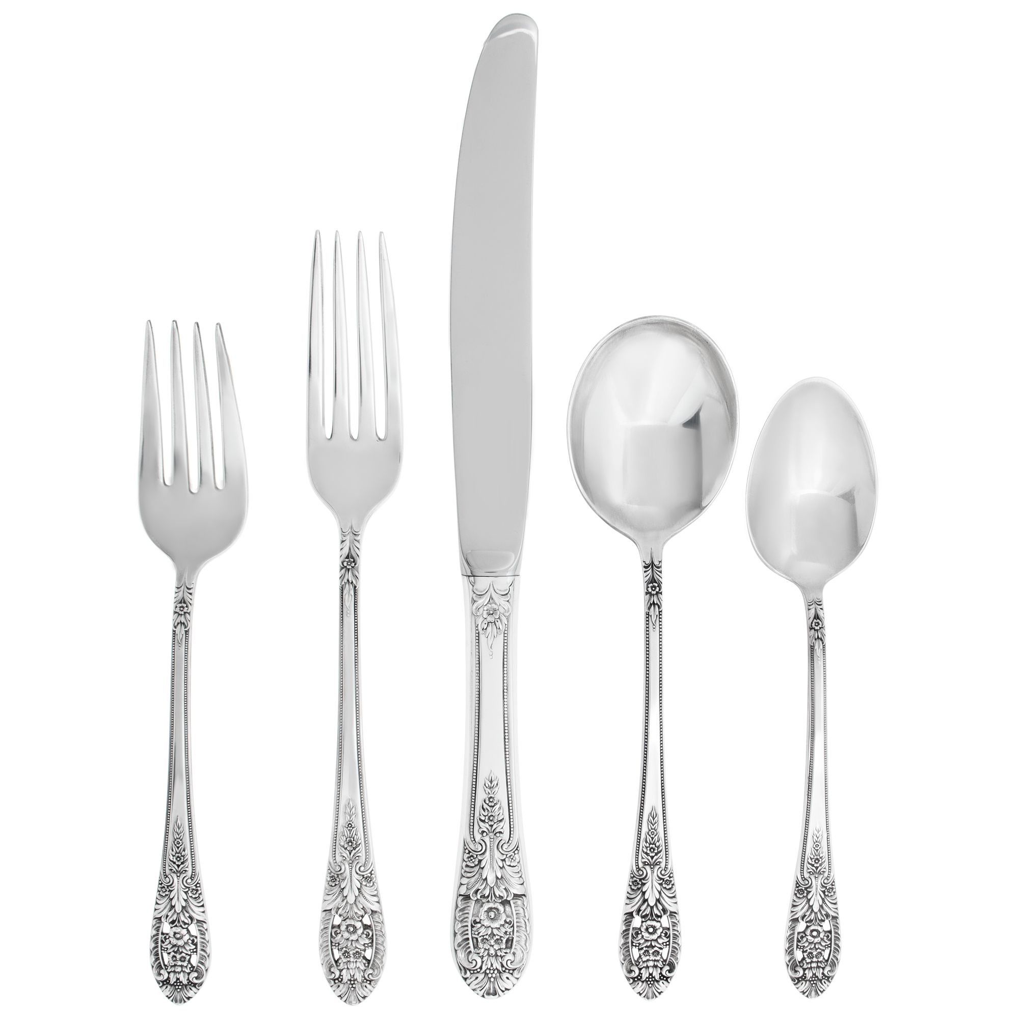 CROWN PRINCESS sterling silver flatware patented in 1949 by Fine Arts Company. 5 Place for 6. Total 30 pieces.