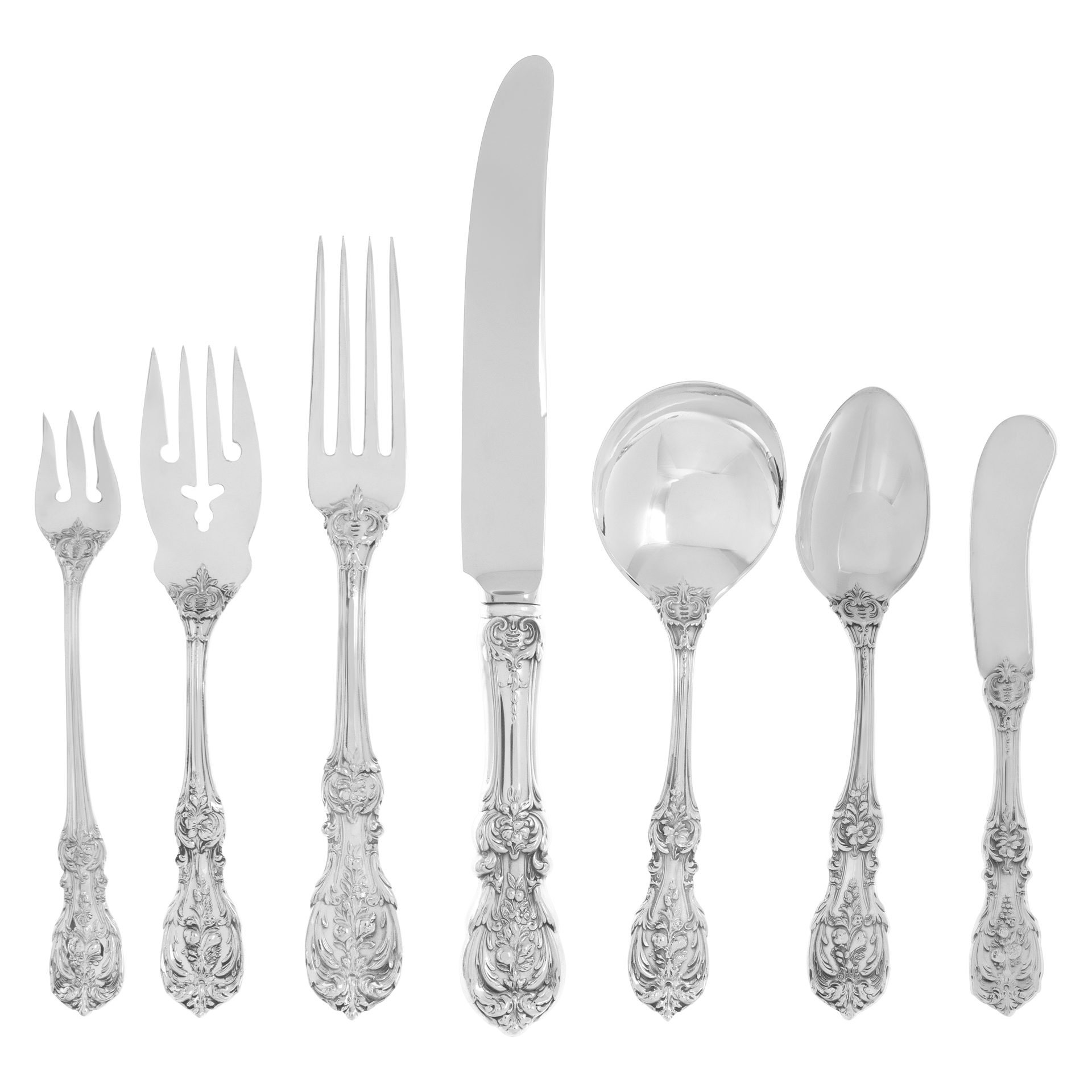 FRANCIS THE FIRST sterling silver flatware set patented in 1907 by Reed & Barton. 57 pieces- 4 place set for 7 (and xtras)+ 6 serving pieces.