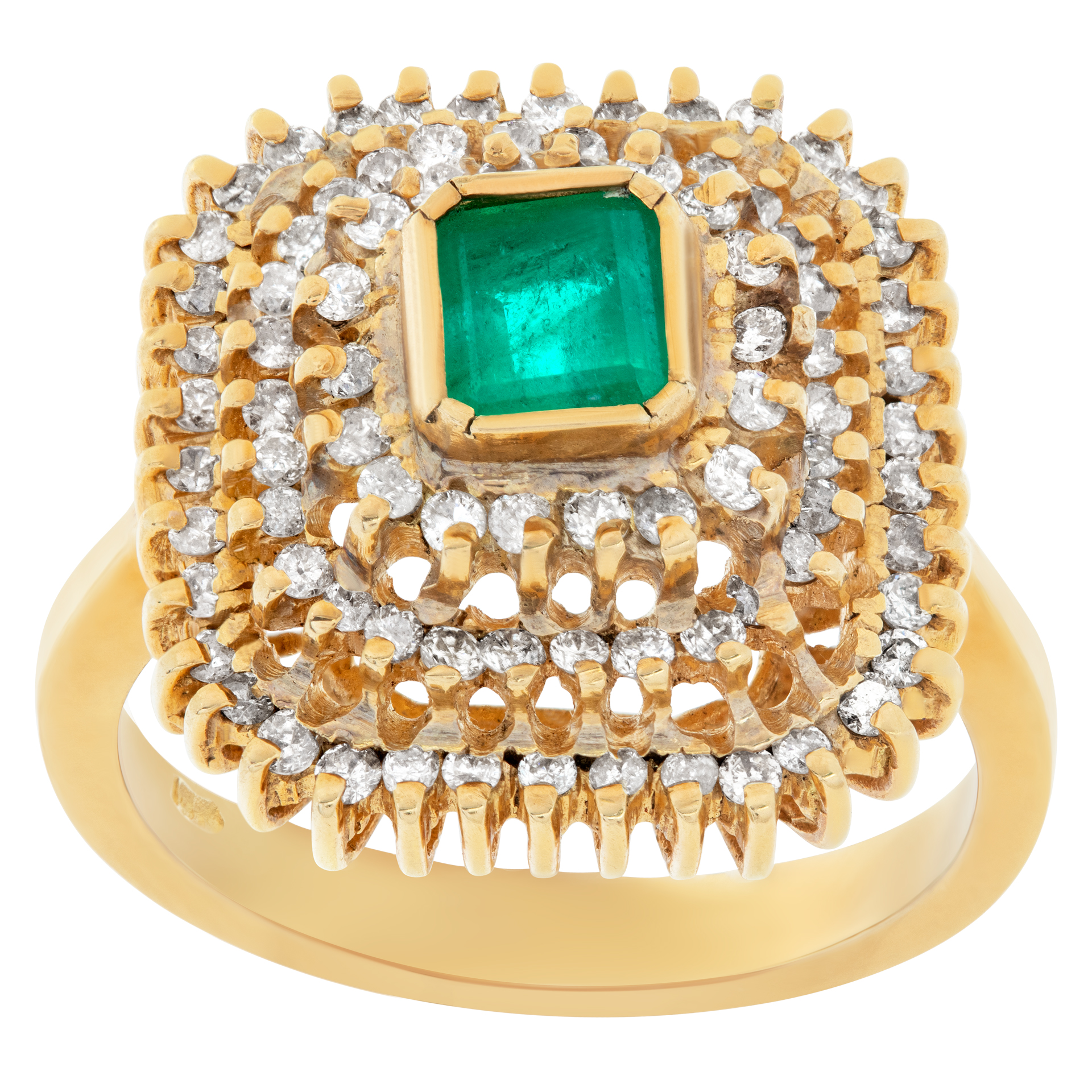 Forest green Colombian emerald ring surrounded in diamonds in 18k yellow gold