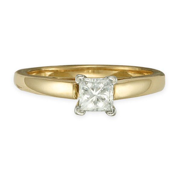 Simple and elegant princess-cut diamond engagement ring in platinum setting on a 14k band