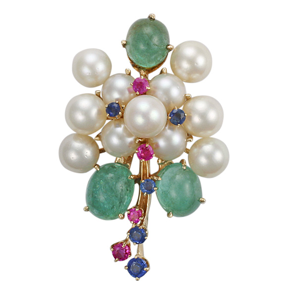 Pearl, cabochon emerald & sapphire pin/brooch