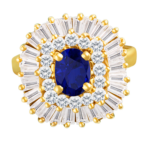 Ballerina ring in 14k with app 1 carat sapphire accented w/over 1 ct in baguette diamonds