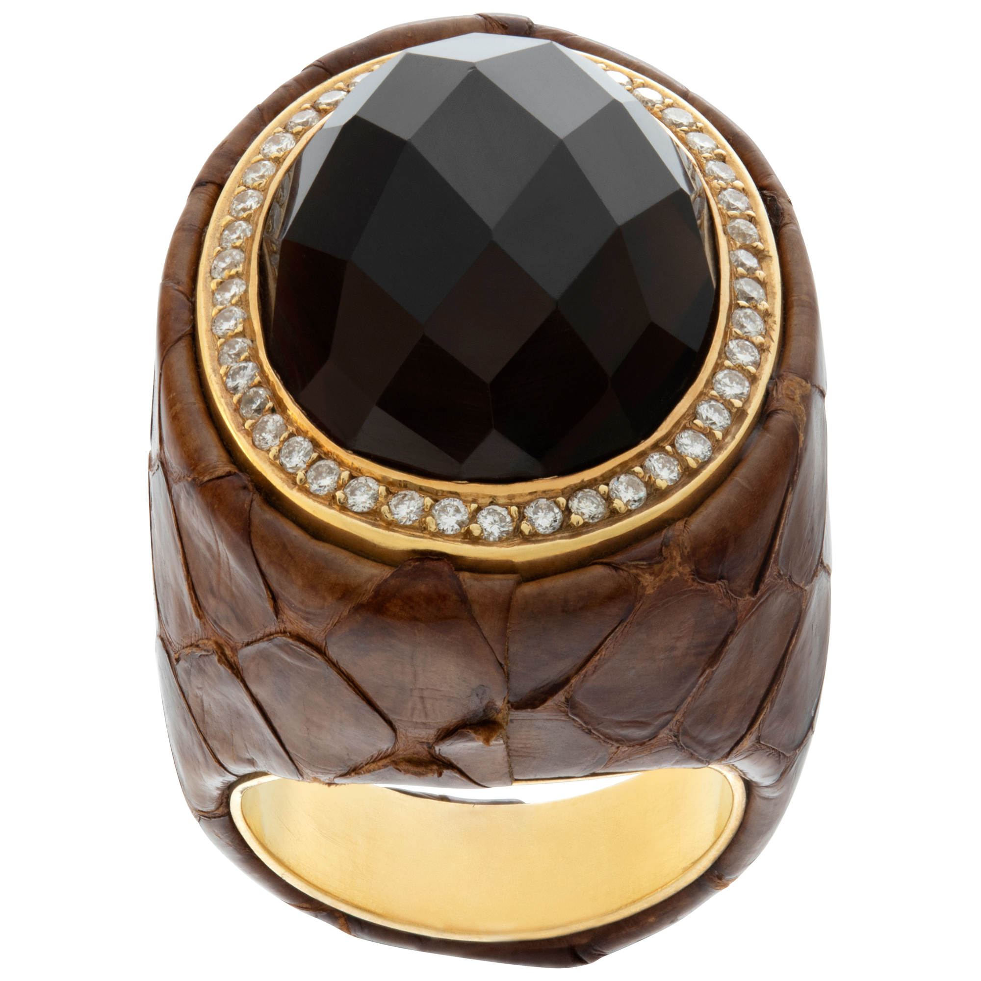 Unique brown leather diamond and topaz ring set in 18k yellow gold
