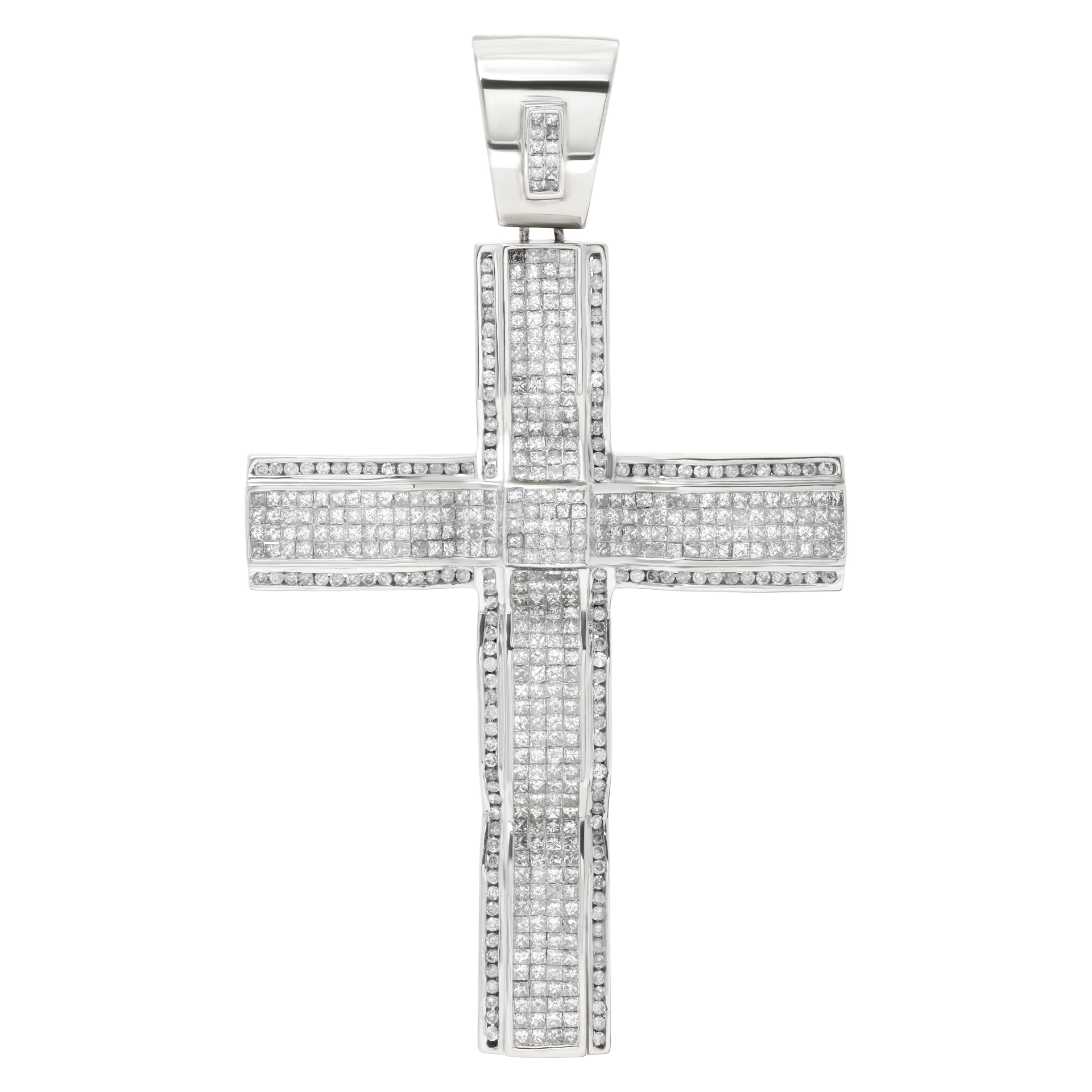 Diamond cross pendant in 14k white gold with over 11 carats in round and princess cut diamonds