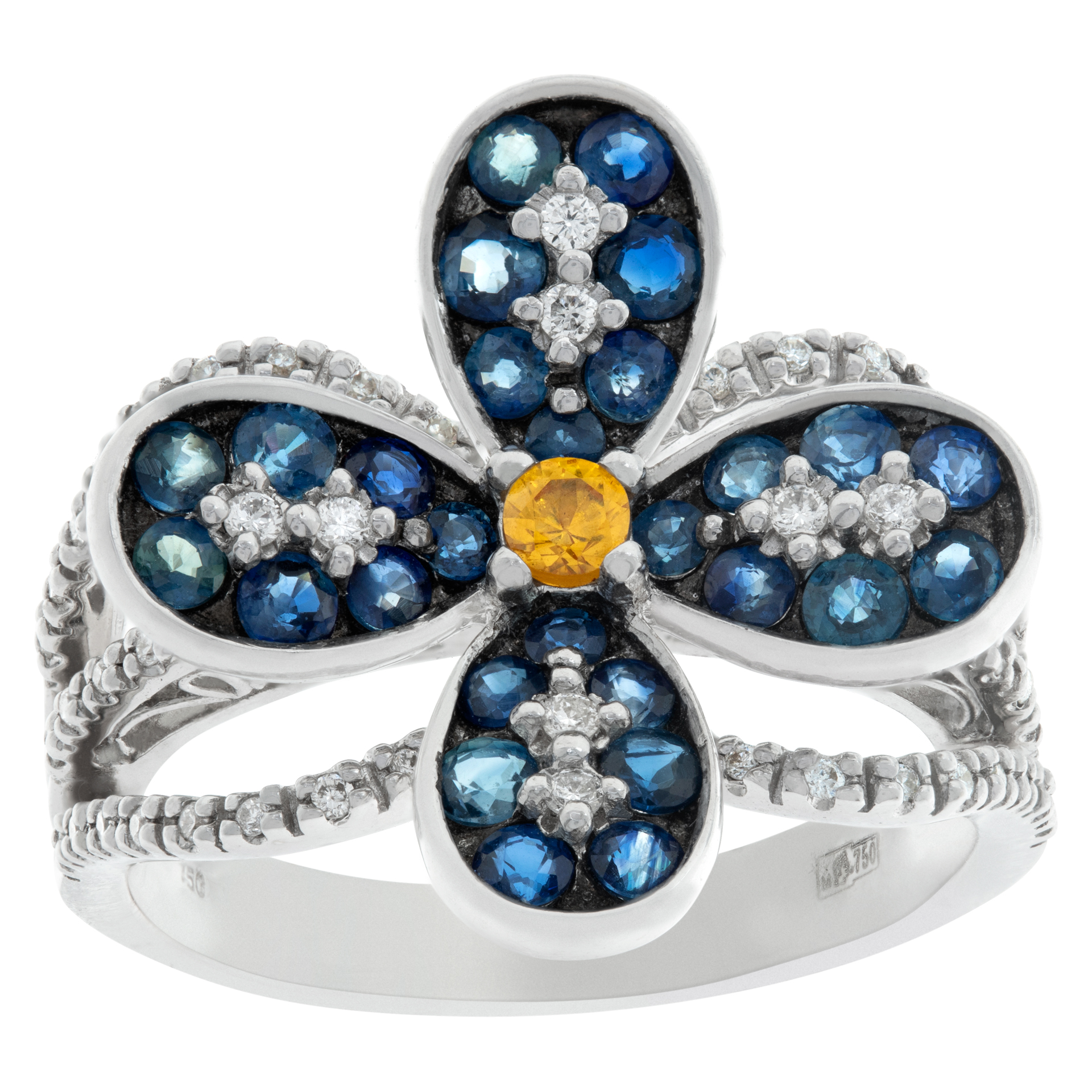 Colorful floral design 18k white gold micro pave diamond ring with blue/yellow sapphires