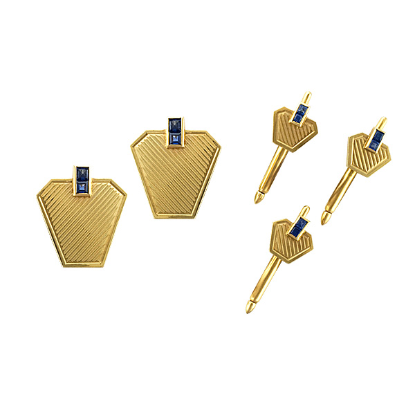 Stylish cufflinks and 3pcs stud set in 14k yellow gold with blue sapphires.