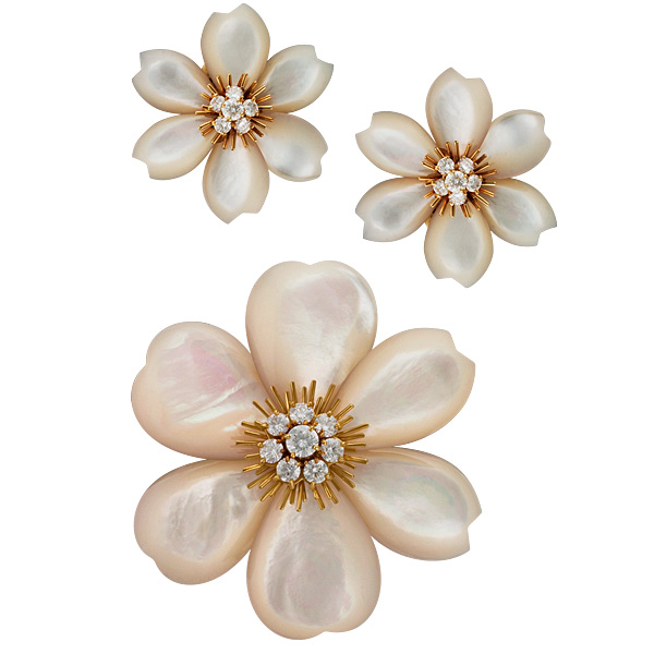 Van Cleef & Arpels  Broach and Earrings "Rose de Noel" Mother of Pearl Petals and center diamonds