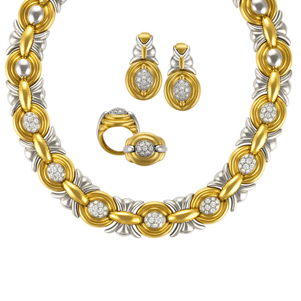 Diamond jewelry set in 18k yellow & white gold. Signed Synthesis. Necklace, ring & earrings