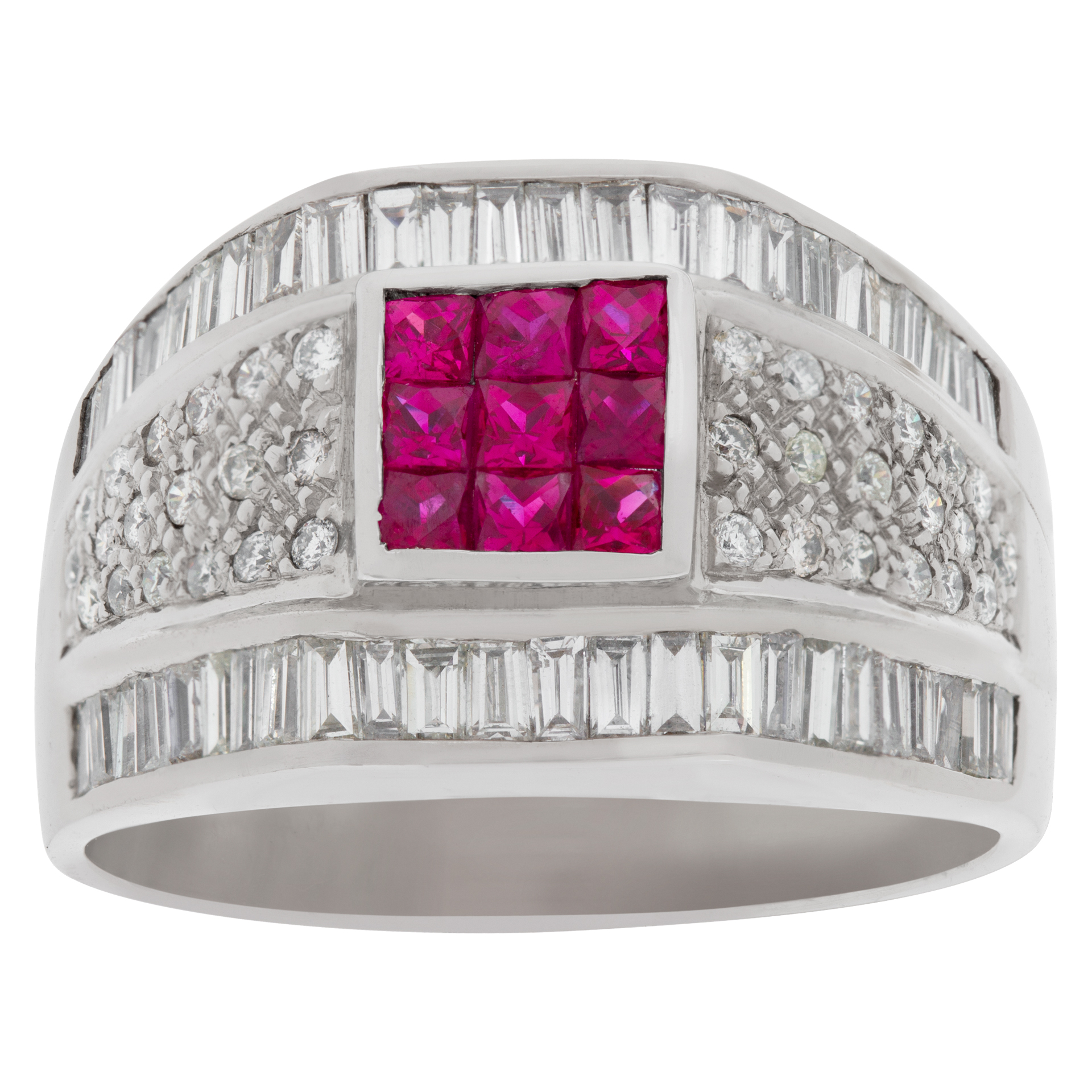 Fancy rubies and diamond ring in 18k white gold. 1.00 carats in diamonds. Size 8.5
