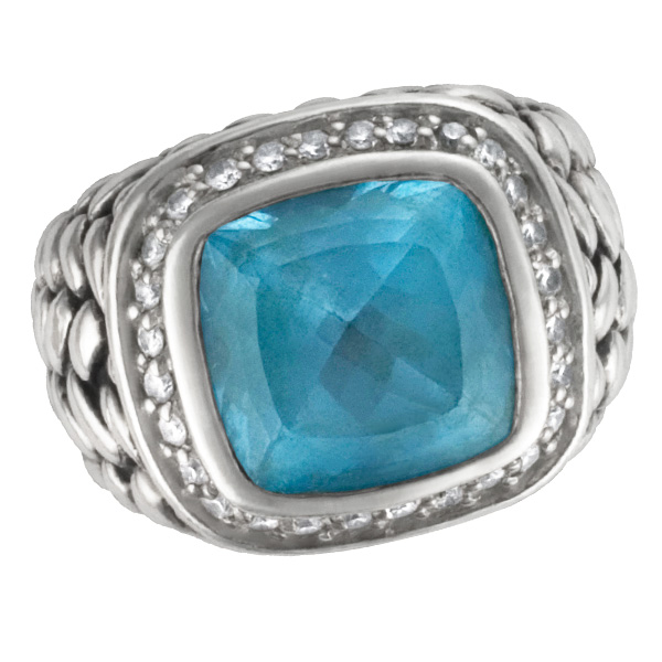 Scott Kay Sterling Silver Ring With Center Blue Topaz And Diamond Accents