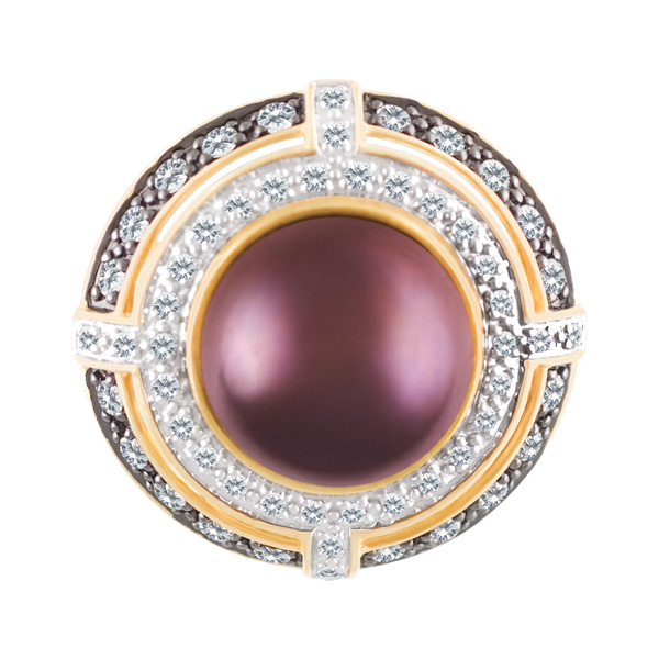 Magnificent diamond and golden mocha pearl ring (app.10.60 mm) in 14k