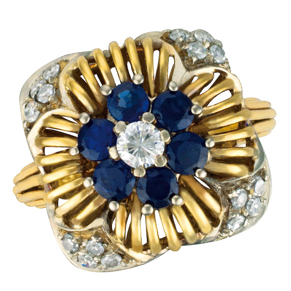 Flower shape diamond and sapphire ring with app. 0.35 cts in diamonds in 18k white and yellow gold