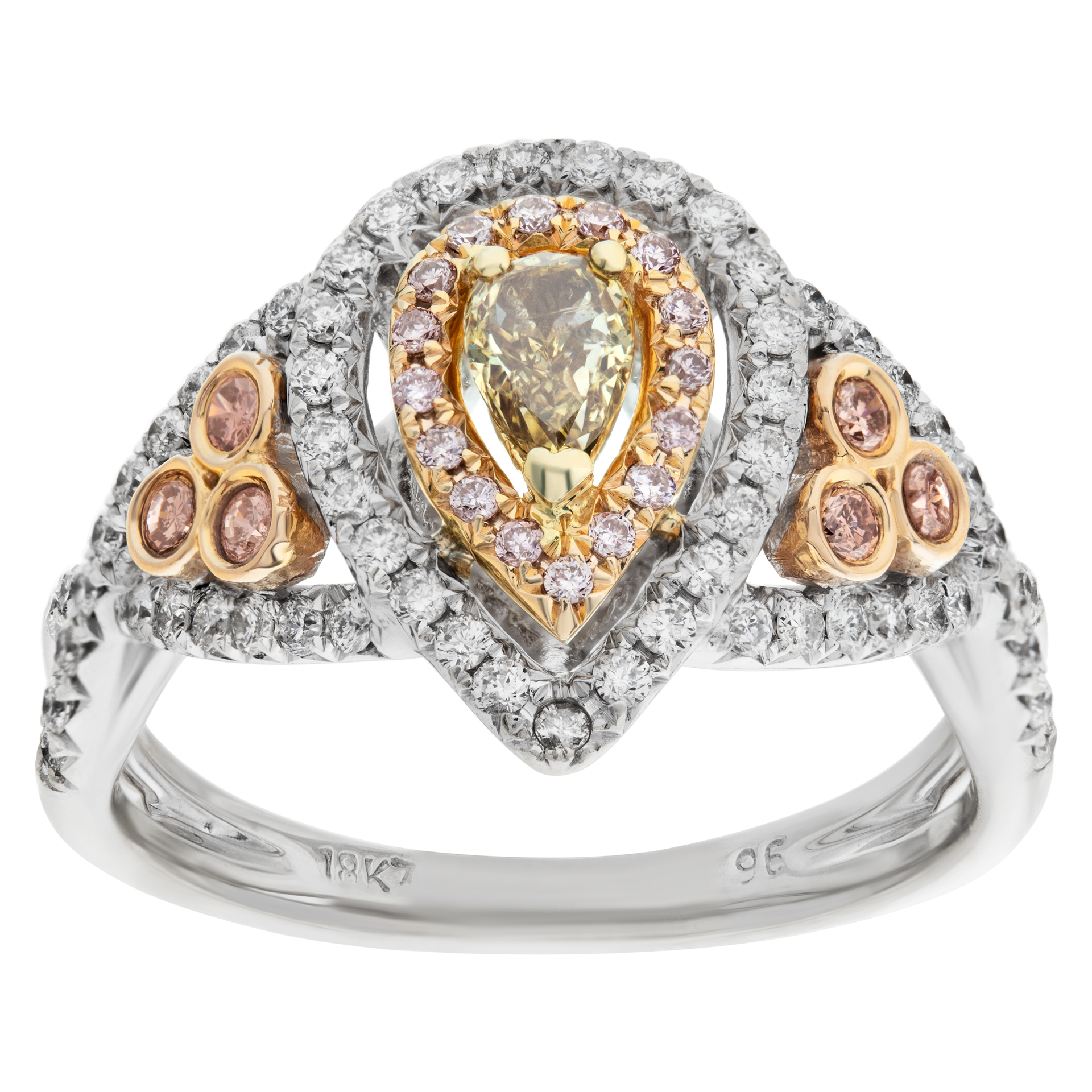 Pear shape center diamond ring with micro pave set in 18k. 2.00 carats. Size 6 1/4
