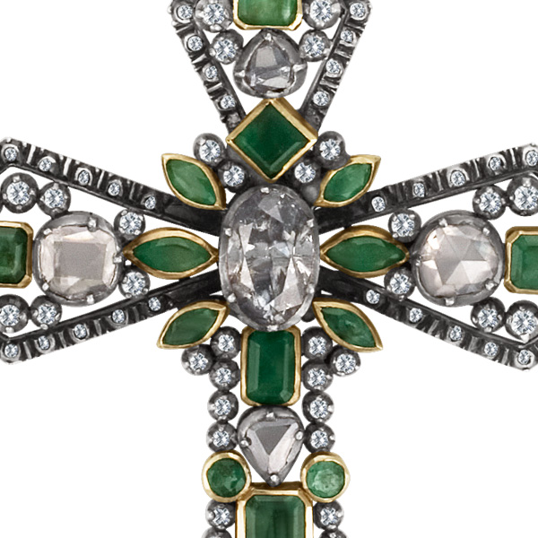 Vintage cross in 14k & sterling silver with mine & rose cut diamonds & emeralds