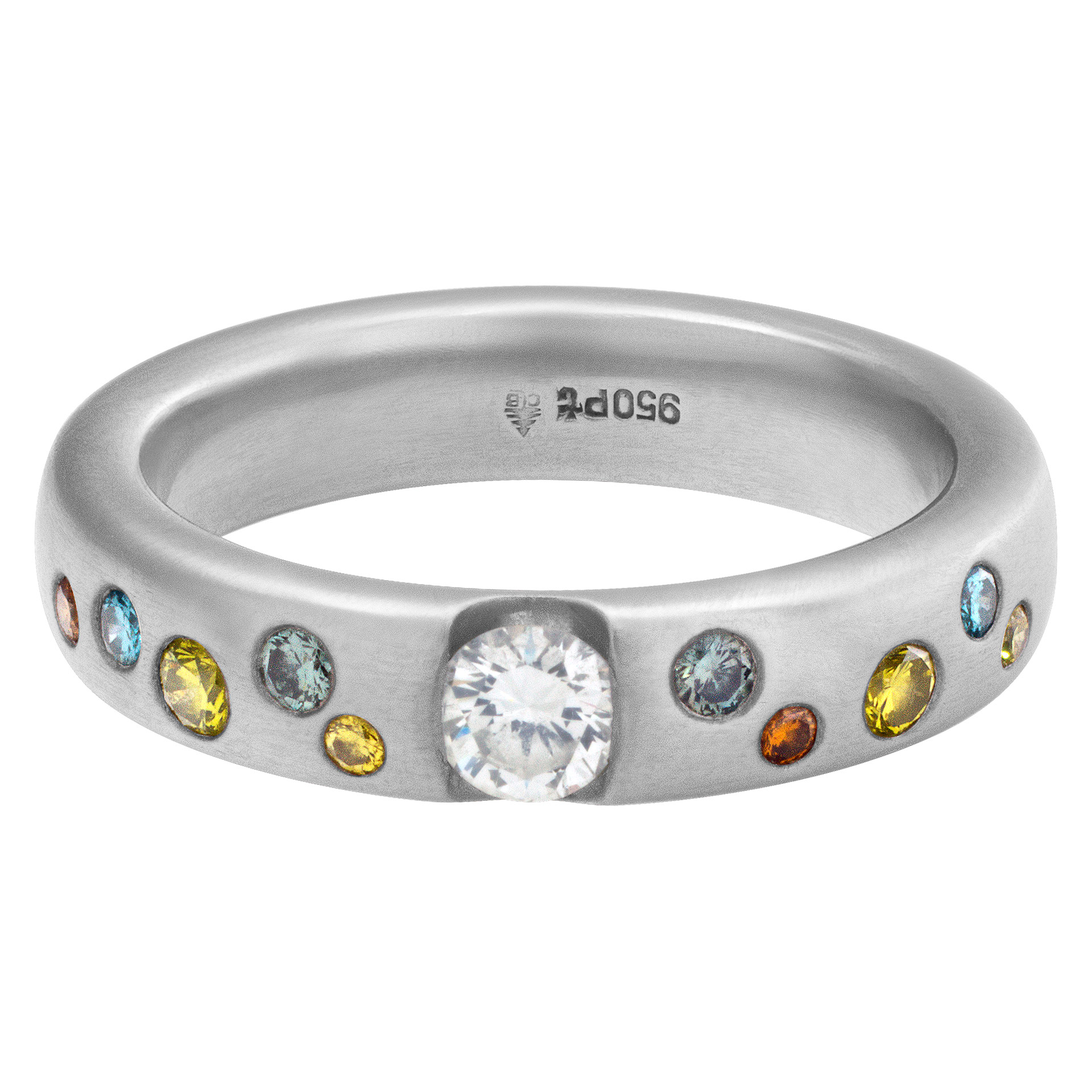 Platinum band with center white diamond and multi colored irradiated diamonds