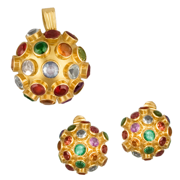 Bright & colorful earring and pendant set with citrine, blue topaz, garnet, amethyst, etc stones