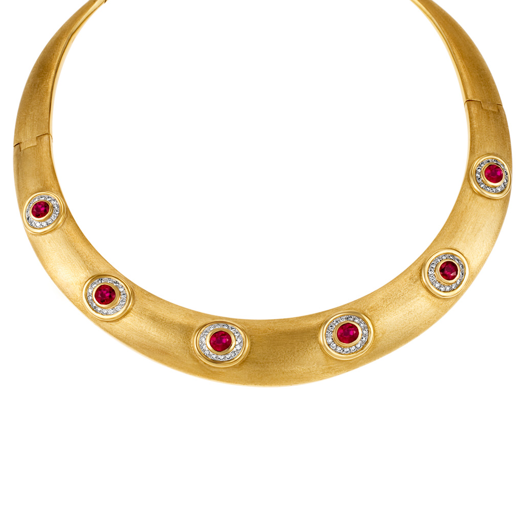 Satin finish 18k choker w app 6 carats in rubies surrounded by app 1 carat in diamonds