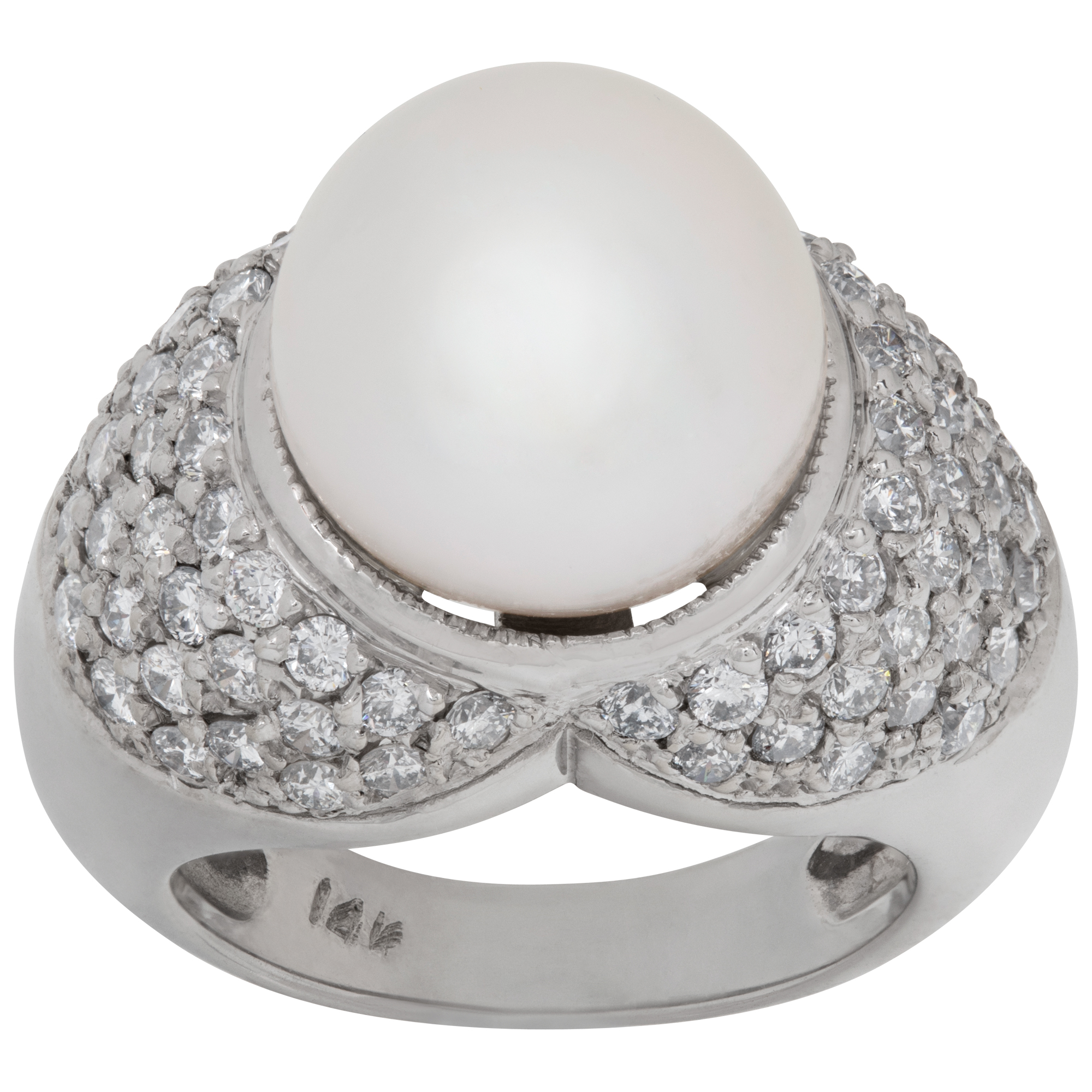 South Sea pearl (12 x 12.5mm) & diamonds ring set in 14k white gold.