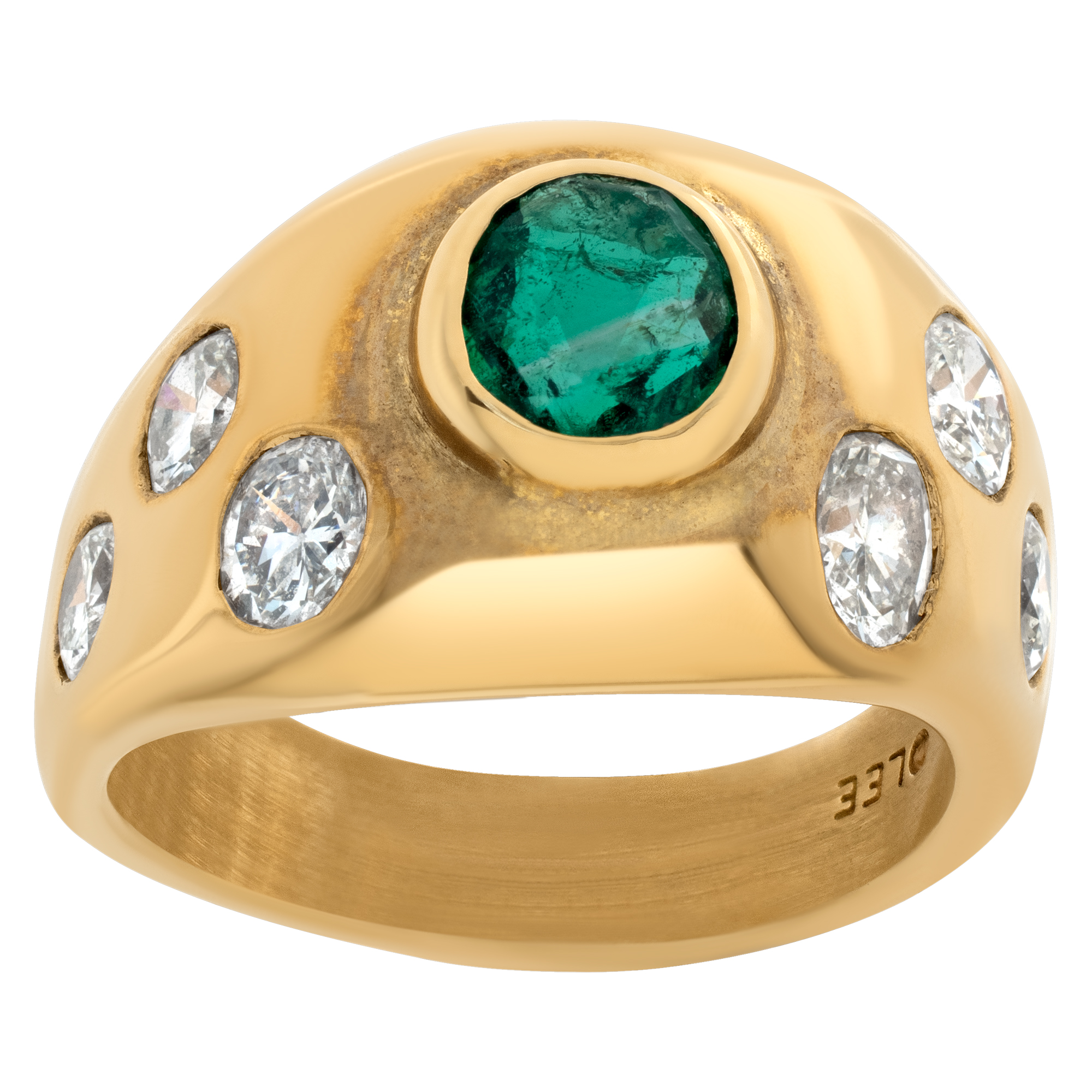 Modern "Gypsy" emerald & diamond ring in 18K yellow gold.
