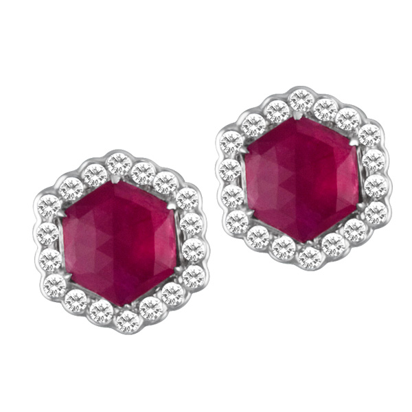Vintage rose cut ruby earrings w/pave frame in 18k white gold