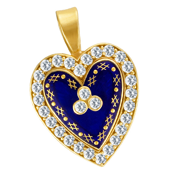 Heart pendant in 18k with diamond accents and blue enamel