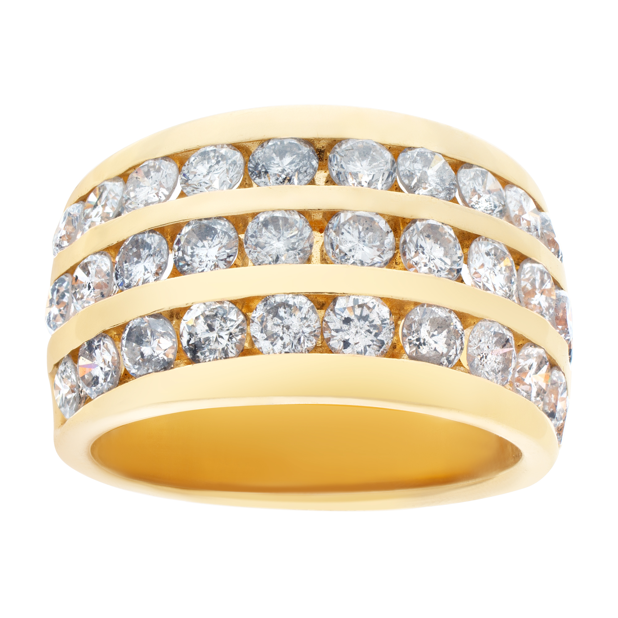 Wide band in 14k yellow gold. 1.50 carats in 3 rows of channel set diamonds