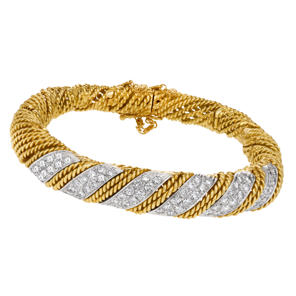 Twisted diamond bracelet in 18k yellow & white gold. 3.00cts (G color, VS clarity)