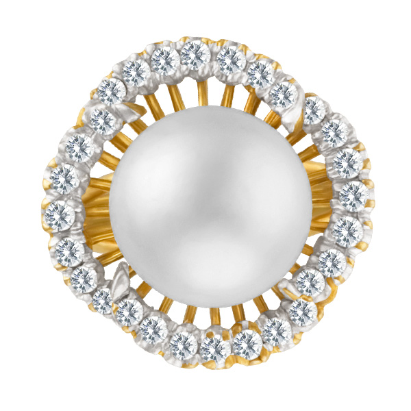 Pearl & Diamond Ring With App. 2 Cts In Diamonds In 18k