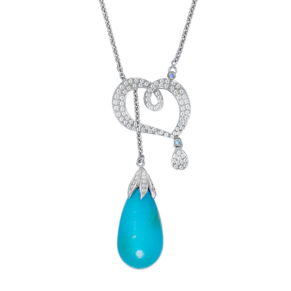 Turquoise drop & pave diamond heart necklace in 18k w/g