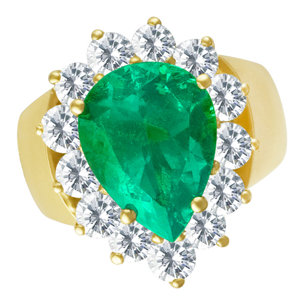 Pear shape emerald & diamond ring with 4.40 ct emerald & 2.32 cts in round diamonds in 14k y/g
