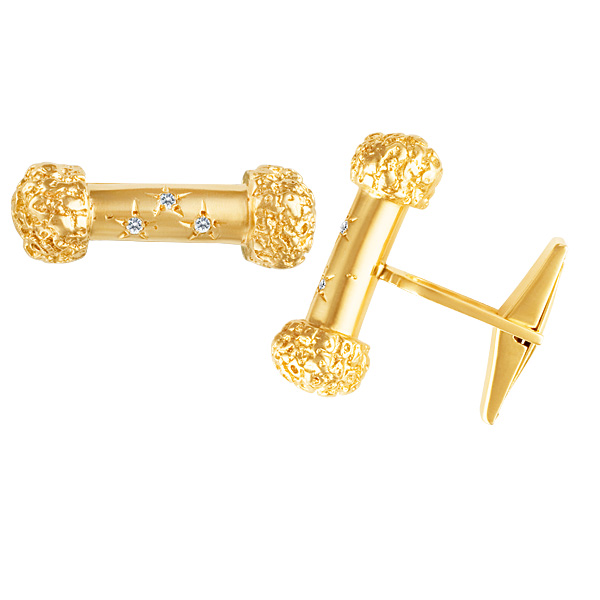 Textured Bar cufflinks with diamond accents in 14k gold