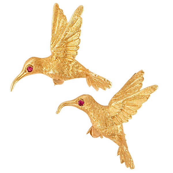 Bird pins in 14k with ruby eyes