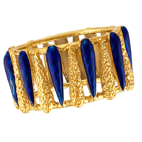 Blue enamel and textured 14k band. Size 7