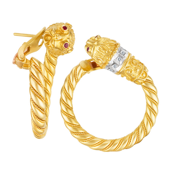 Lion head hoop earrings in 18k yellow gold w/ diamond & ruby accents. Lalaounis-style.