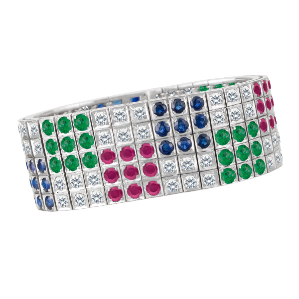 Diamond, ruby, emerald and sapphire bracelet in 14k white gold. App. 8 carats in diamonds