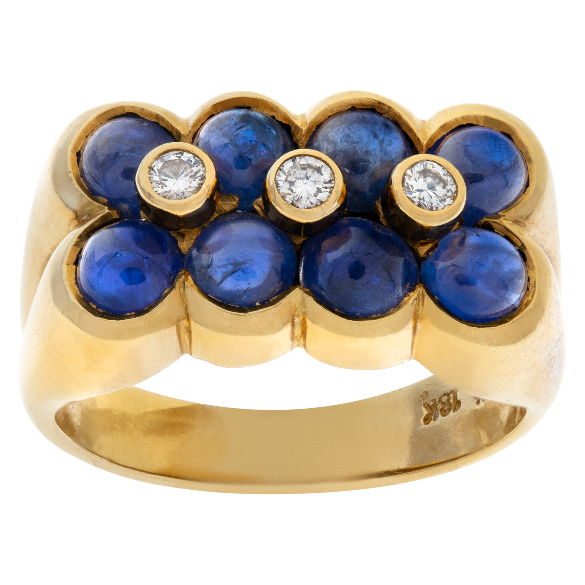 Flowery design 18K yellow gold ring with 8 cabochon sapphire, 3 full cut round brlliant bezeled diamond cente