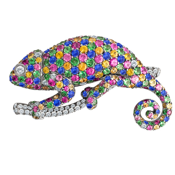 Chameleon brooch in black enameal over 18k white gold with multi colored sapphires