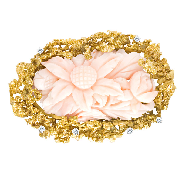 Flower "nugget" style pink coral brooch with diamond accents in 14k