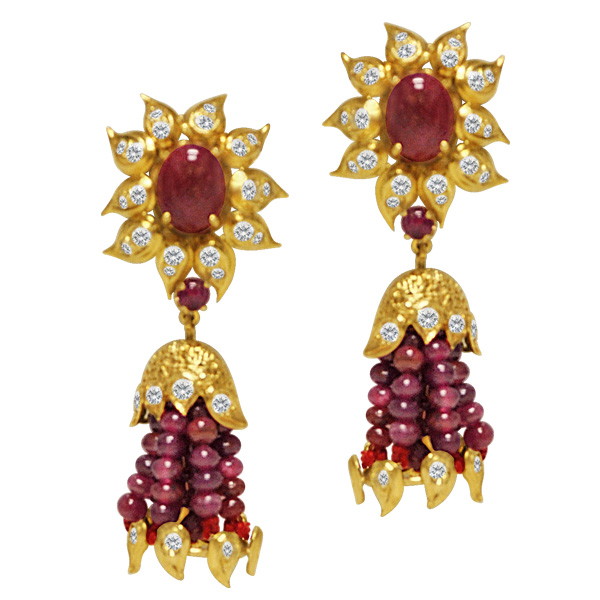 Cabochon ruby, ruby bead bead & diamond earrings in 14k