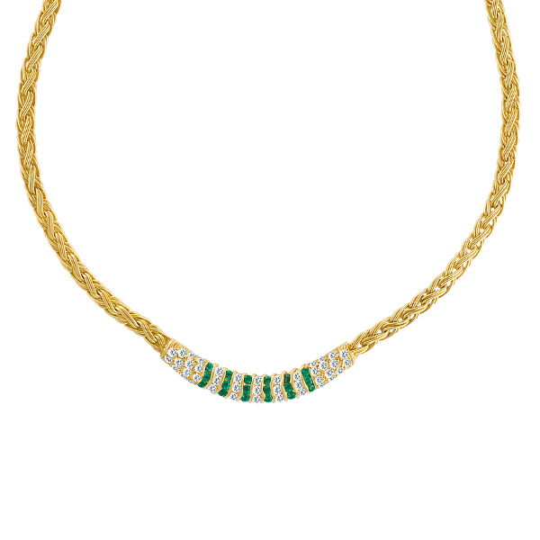 Beautiful braided necklace in 18k yellow gold with app. 1 carat in diamonds &  0.5 carat in emeralds