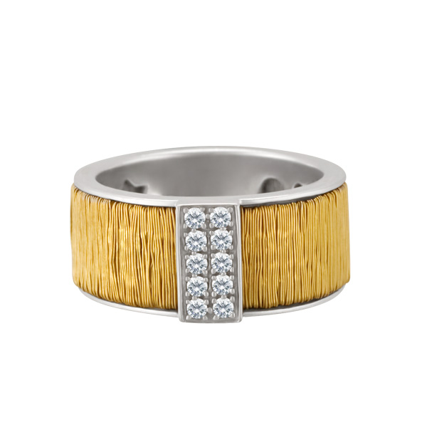 textured band in 18k white & yellow gold with diamond accents. Size 6.75
