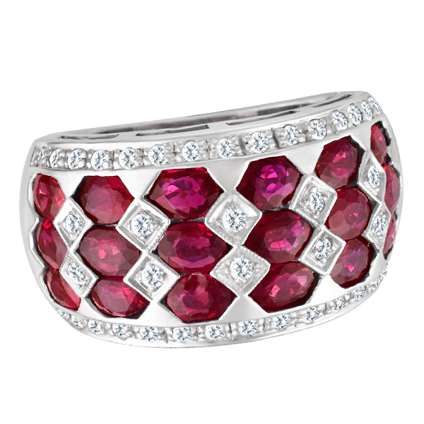 Elegant geometric ruby & diamond ring in 14k white gold. Size 6.5.