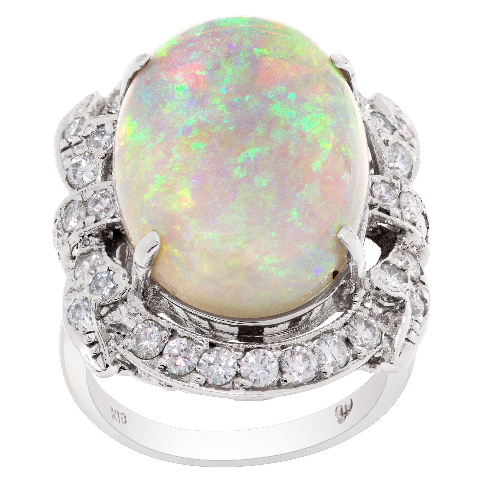 Australian opal & diamond ring in 18k white gold. 1.16 carats in diamonds. Size 7.5
