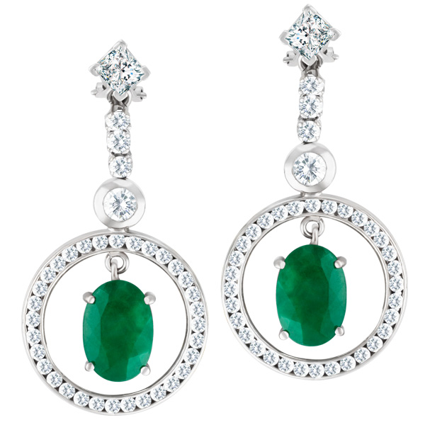 Emerald and diamond earrings in 14k white gold