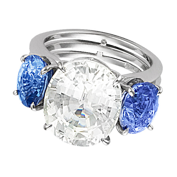White zircon and blue sapphire ring in 18k white gold