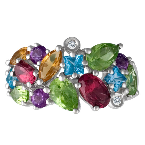 Colorful semi-precious stones & diamond accented ring in 14k white gold